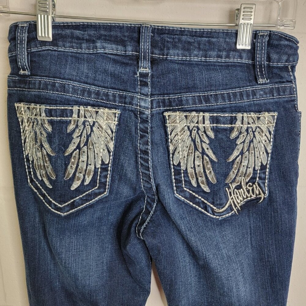 Harley Davidson Angel Wing Biker Bling Pocket Jeans Womens 0 Tall Y2K Dark Wash - Picture 8 of 12